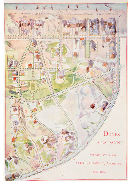 La Panne, le Quartier Dumont, plan en aquarelle dessiné par l’architecte Alexis Dumont montrant la situation en 1904. Plan publié dans Le Cottage, 5, 1904, page 207.