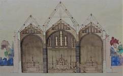 Parochiekerk Sint-Laurentius, Kemmel, coupe dans le chœur en aquarelle (© Fondation CIVA Stichting/AAM, Brussels)